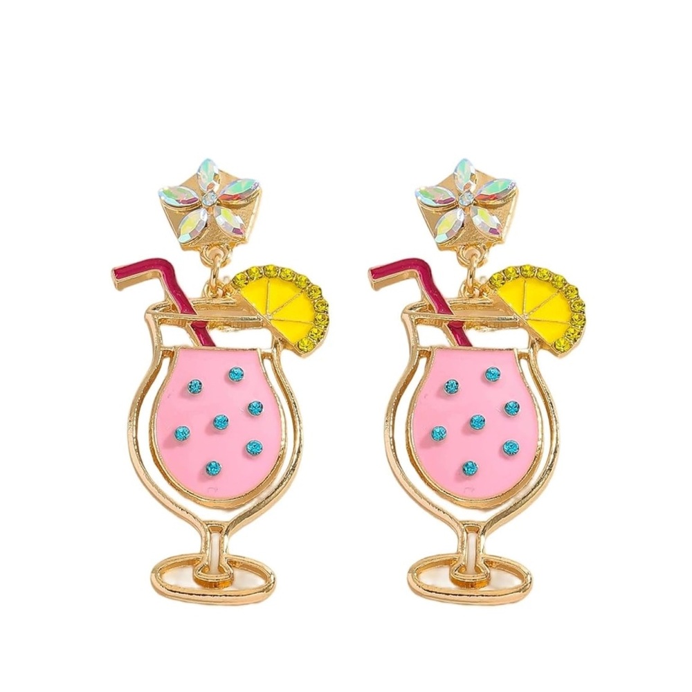 Pink Cocktail Earrings | 14K Gold Plated | Cute Martini Statement Studs